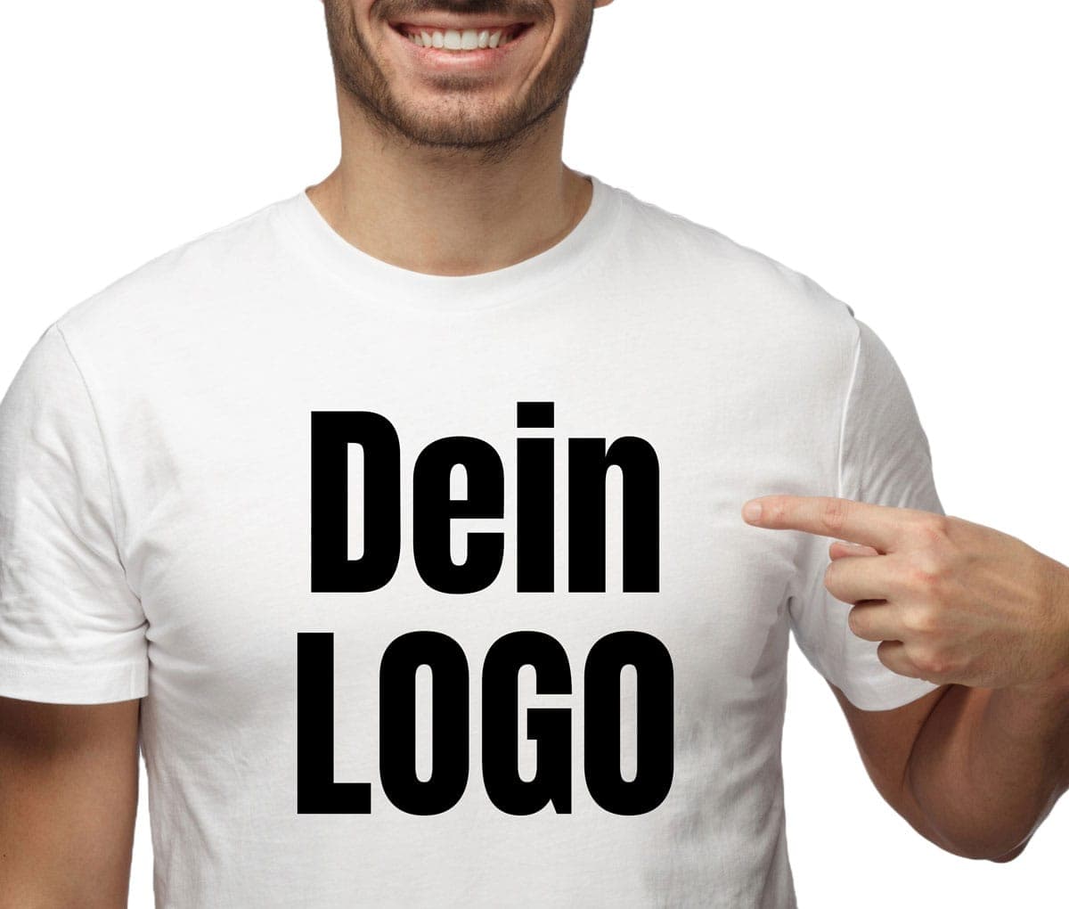 Man pointing at his white t-shirt reading “Dein Logo” (your logo)