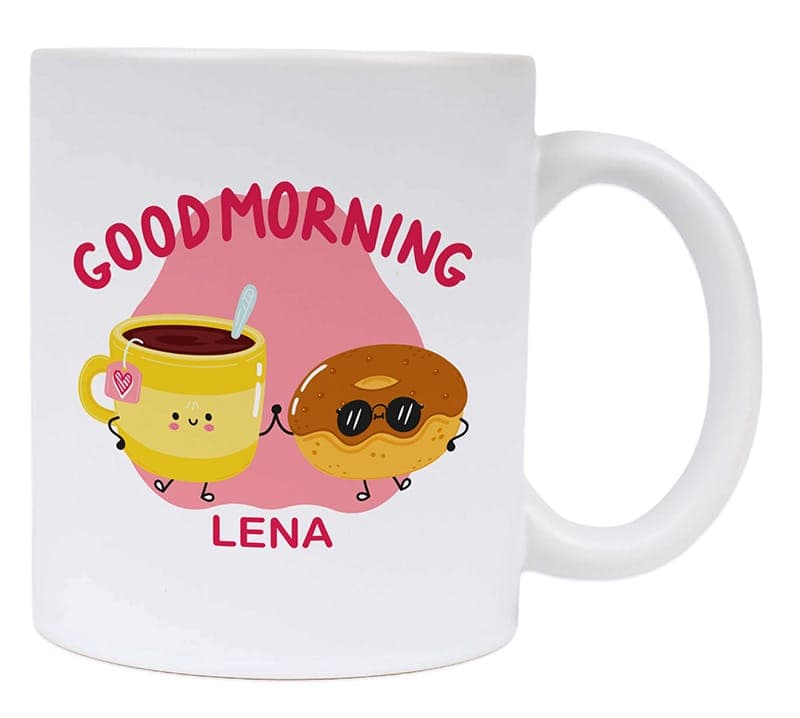 Personalisierte Tasse mit fröhlichem Guten-Morgen-Motiv und Namen