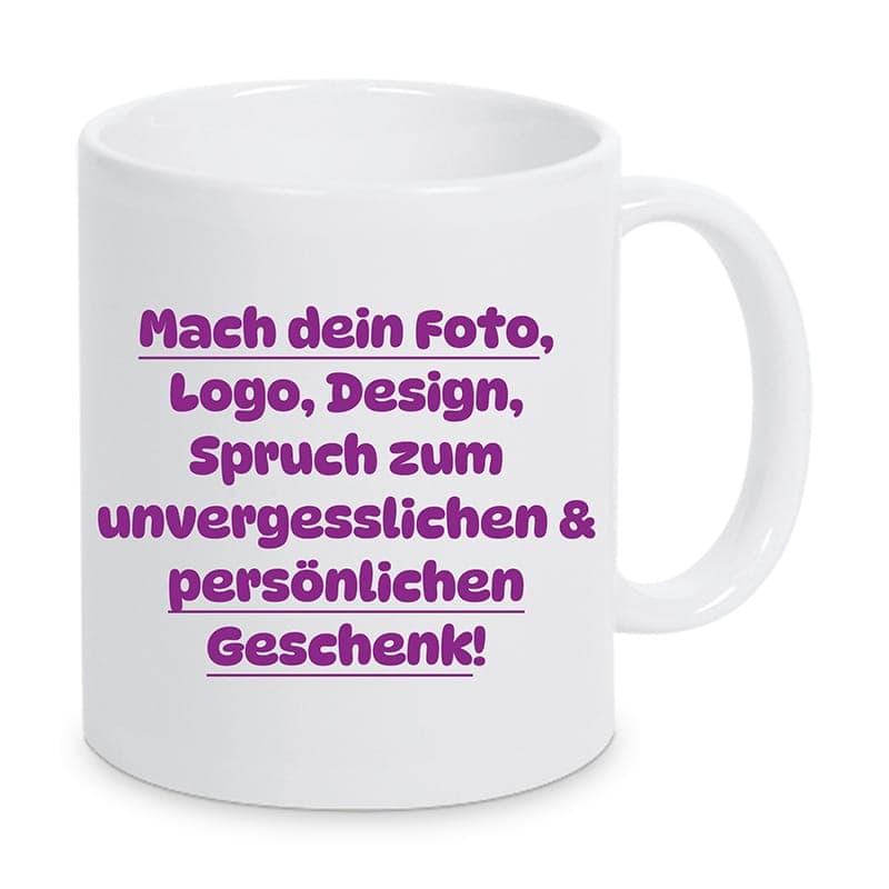 White ceramic mug printed with a German message about turning your photo, logo or design into a personal gift
