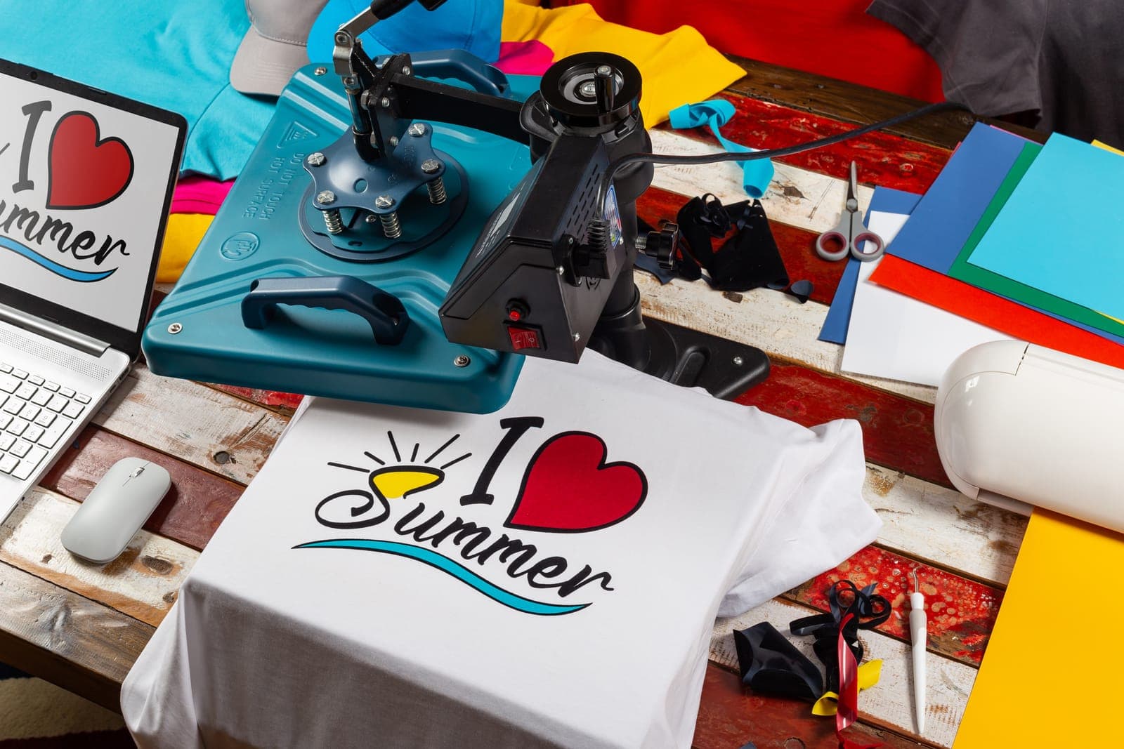 Heißpresse überträgt ein Motiv auf ein weißes T-Shirt, daneben Transferfolien