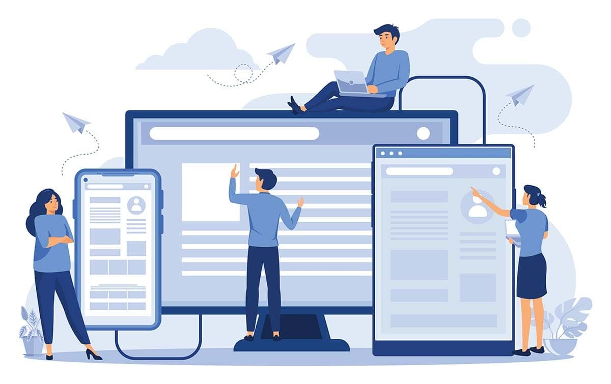 Illustration: Menschen gestalten gemeinsam eine Webseite auf verschiedenen Geräten